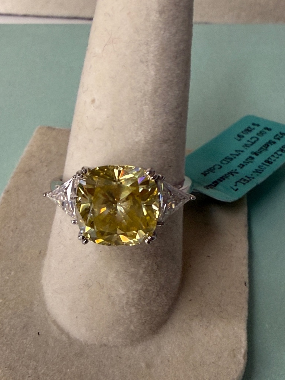 8 CTW Sterling Silver Yellow Cushion-Cut Tri Stone All Moissanite Ring MSRP $280